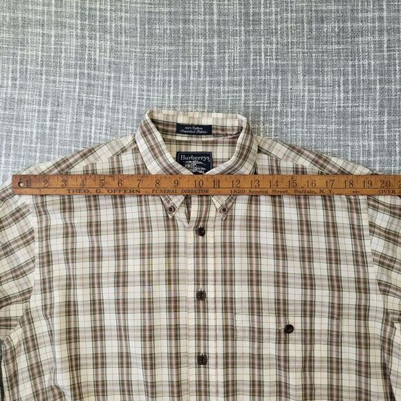 BURBERRY LONDON Button Down Shirt Plaid Brown Tan Made in USA Men's M - Picture 8 of 12